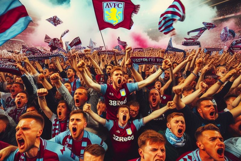 A joyous crowd of Aston Villa supporters cheering and waving team scarves and flags in celebration. The fans are adorned in the team's claret and light blue colours, clapping and expressing excitement as they commemorate Aston Villa's achievement in reaching the UEFA Conference League final.